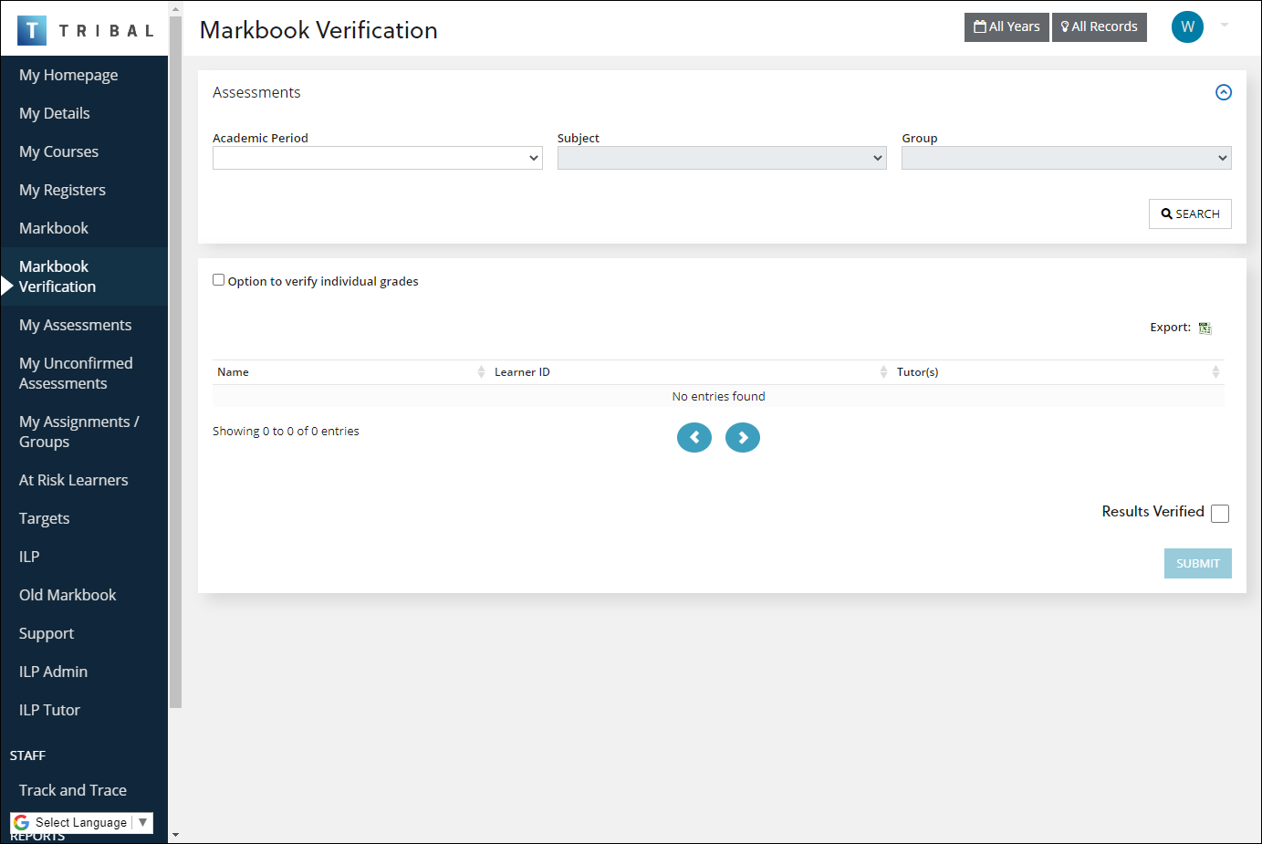 Markbook Verification screen